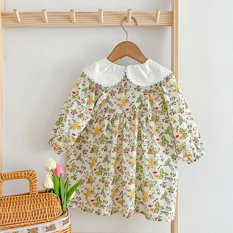 Spring Kid Baby Girls Dress Embroidered Doll Collar Clothes Flower Princess Dress Casual Baby Girls Dress Children Clothes Dress