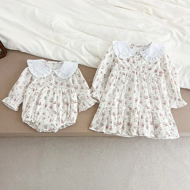 Family Sister Matching Dress Newborn Baby Girl Jumpsuit Flower Princes Cotton Long Sleeve Baby Dress Autumn Baby Sisters Clothes