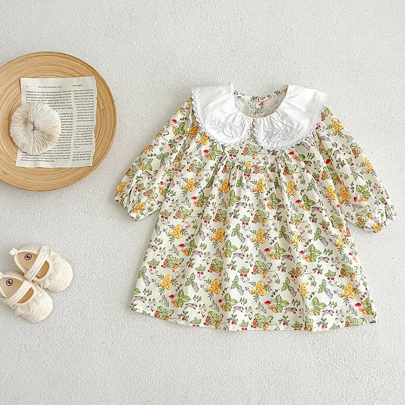 Spring Kid Baby Girls Dress Embroidered Doll Collar Clothes Flower Princess Dress Casual Baby Girls Dress Children Clothes Dress
