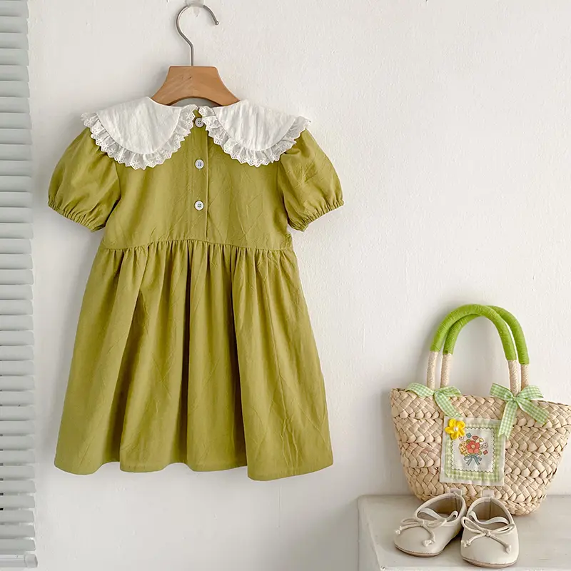 New Summer Clothes Baby Girls Princess Dresses Puff Sleeve Embroidered Lace Floral Dress Toddlers Vacation Kids Cotton Dress