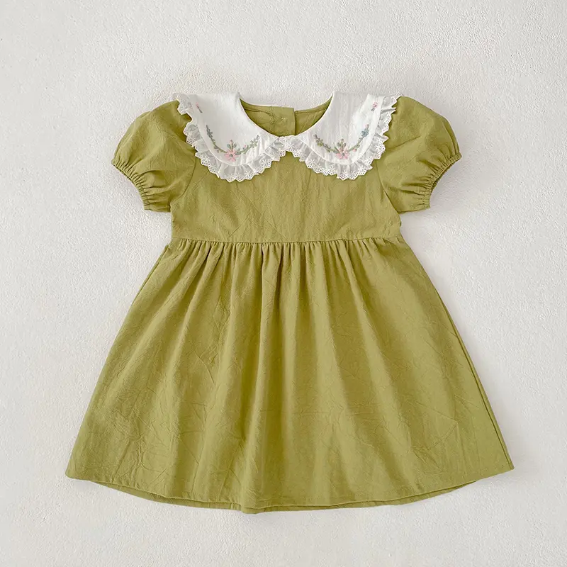 New Summer Clothes Baby Girls Princess Dresses Puff Sleeve Embroidered Lace Floral Dress Toddlers Vacation Kids Cotton Dress