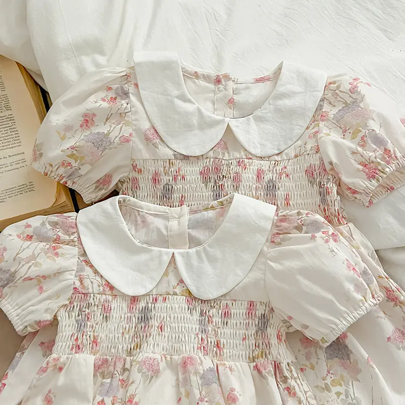 New Summer Sister Match Outfits Pink Princess Dress Sister Baby Girls Clothes Puff Sleeve Floral Romper Cotton Dress One-Pieces