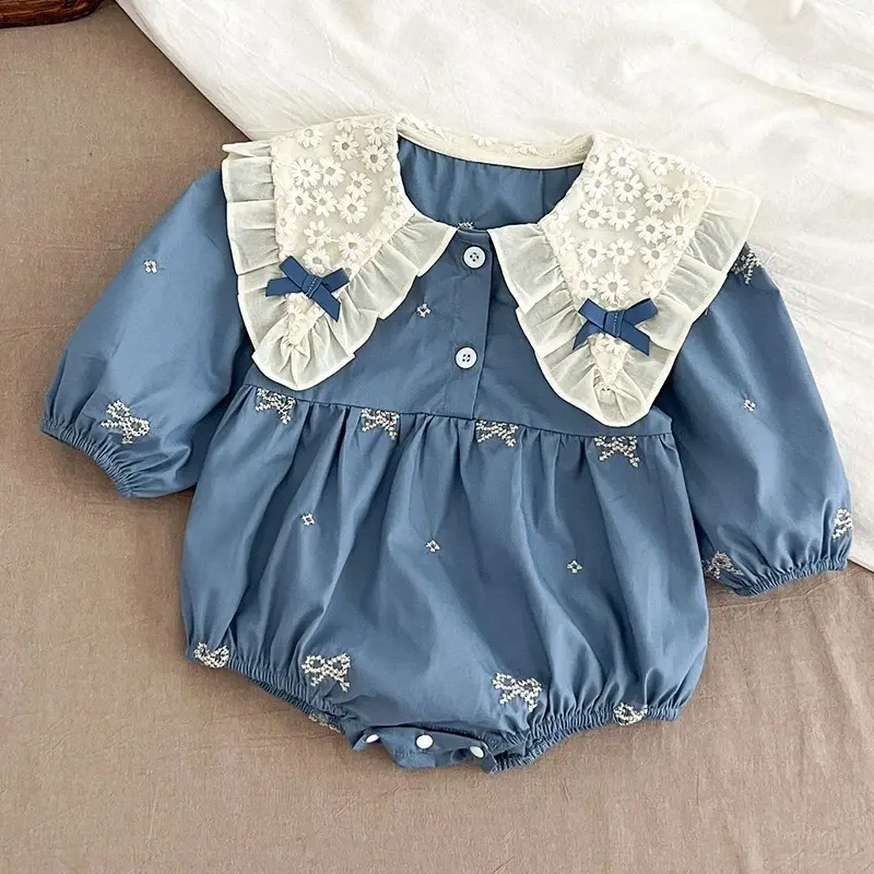 Autumn Infant Baby Girls Romper Embroidered Bow Newborn Cotton Rompers Long Sleeve Lace Kids Baby Jumpsuit Playsuit Baby Clothes