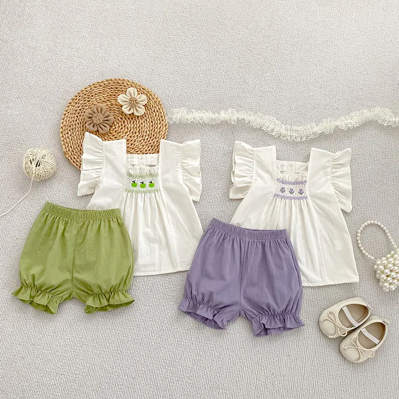 Pastoral Girls Baby Embroidered Floral Set Shirt+PP Shorts 2PCS Tulip Infant Suits Toddler Newborn Clothes Suits Baby Clothing