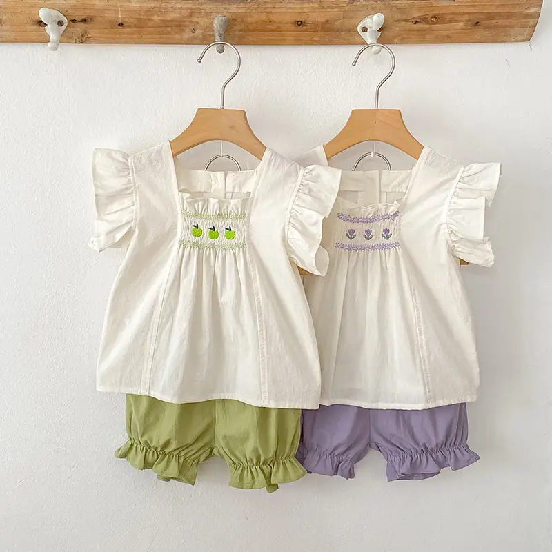 Pastoral Girls Baby Embroidered Floral Set Shirt+PP Shorts 2PCS Tulip Infant Suits Toddler Newborn Clothes Suits Baby Clothing