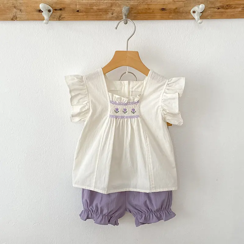 Pastoral Girls Baby Embroidered Floral Set Shirt+PP Shorts 2PCS Tulip Infant Suits Toddler Newborn Clothes Suits Baby Clothing