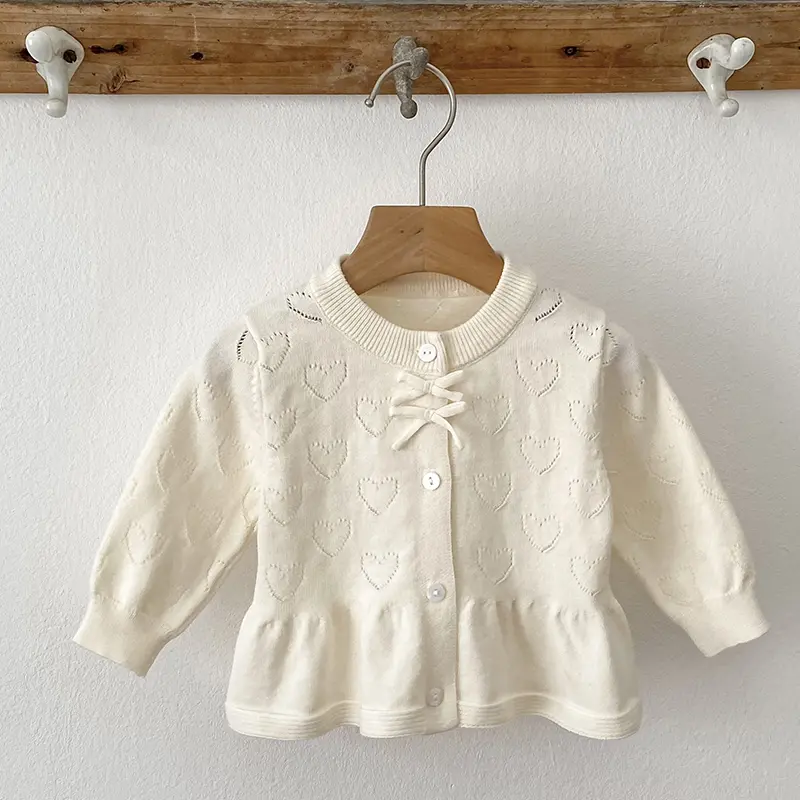 Autumn Knit Coat Bow Baby Newborn Girls Sweater Cardigans Hollow Out Love Ruffle Long Sleeve Girls Tops Coat Korea Girls Clothes