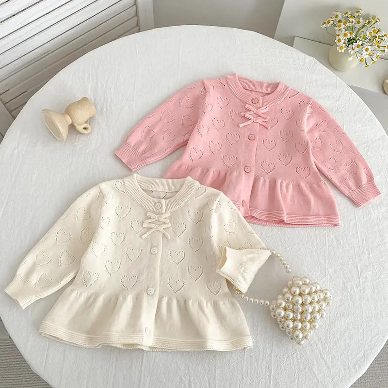 Autumn Knit Coat Bow Baby Newborn Girls Sweater Cardigans Hollow Out Love Ruffle Long Sleeve Girls Tops Coat Korea Girls Clothes