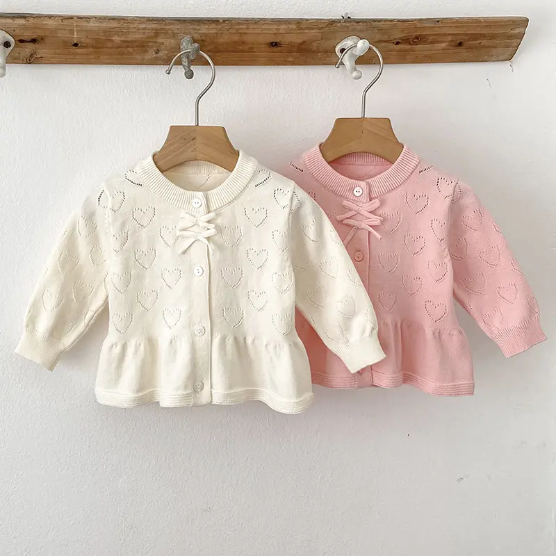 Autumn Knit Coat Bow Baby Newborn Girls Sweater Cardigans Hollow Out Love Ruffle Long Sleeve Girls Tops Coat Korea Girls Clothes