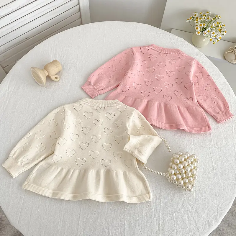 Autumn Knit Coat Bow Baby Newborn Girls Sweater Cardigans Hollow Out Love Ruffle Long Sleeve Girls Tops Coat Korea Girls Clothes