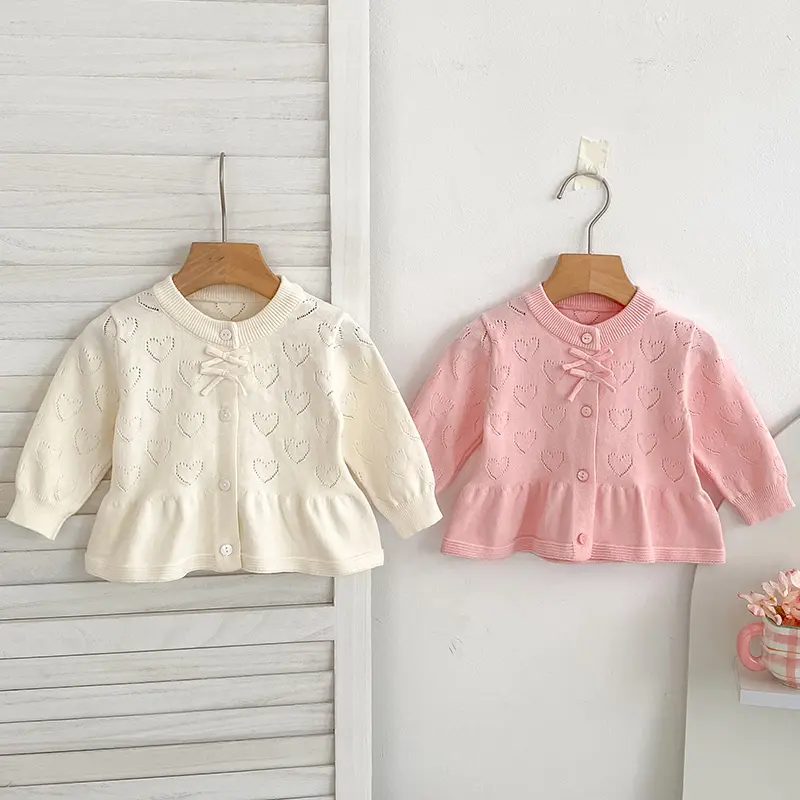 Autumn Knit Coat Bow Baby Newborn Girls Sweater Cardigans Hollow Out Love Ruffle Long Sleeve Girls Tops Coat Korea Girls Clothes