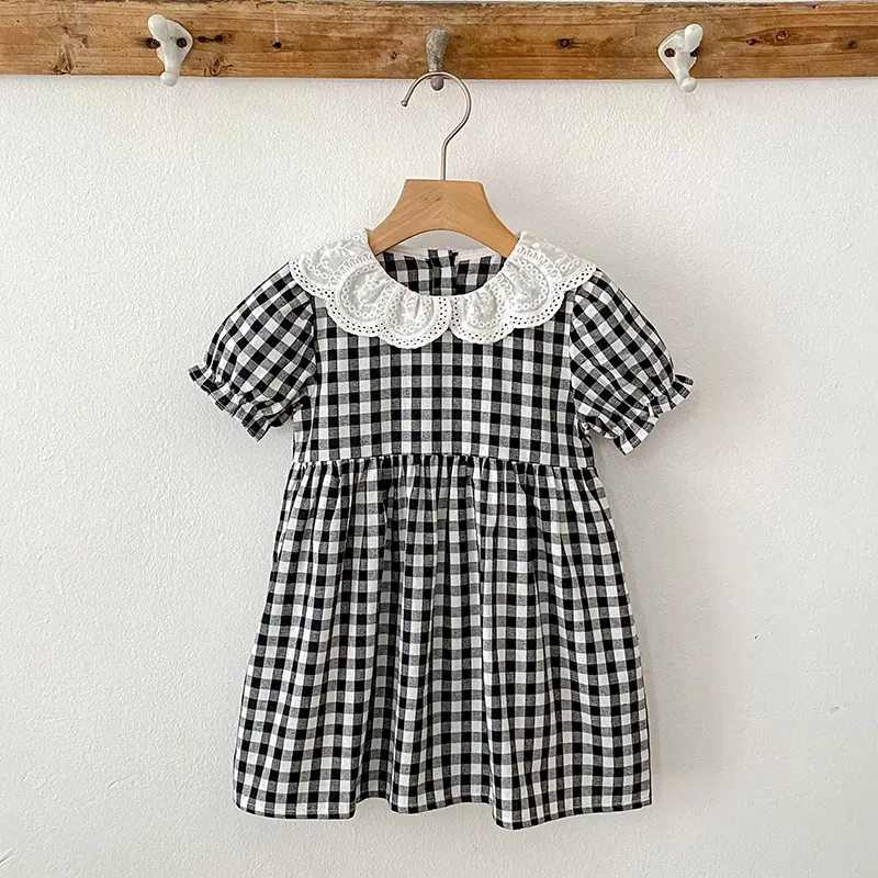 2025 Baby Summer Clothing Infant Newborn Baby Girl Black Plaid Petal Collar Princess Dress Banquet Party Checked Shift Dress