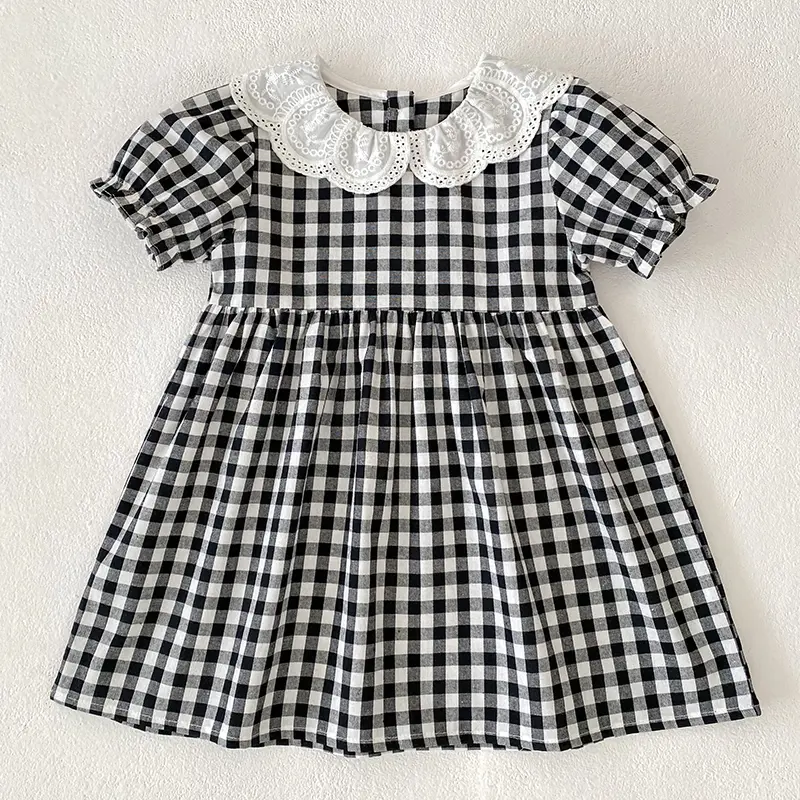 2025 Baby Summer Clothing Infant Newborn Baby Girl Black Plaid Petal Collar Princess Dress Banquet Party Checked Shift Dress