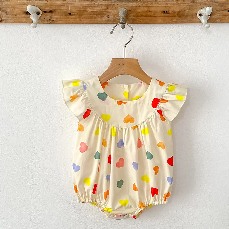 Baby Girls Rompers Love Print Ruffle Baby Romper Short Sleeved Sunflower Infant Jumpsuit Toddler Newborn One Piece Baby Clothes