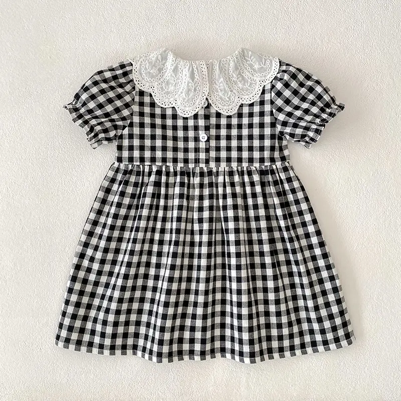 2025 Baby Summer Clothing Infant Newborn Baby Girl Black Plaid Petal Collar Princess Dress Banquet Party Checked Shift Dress