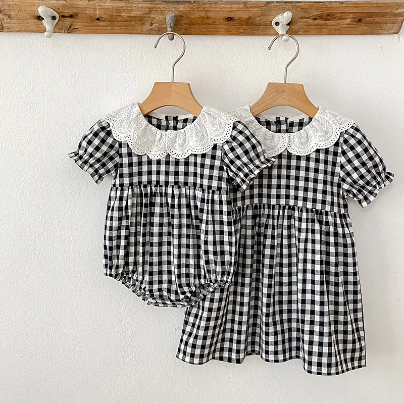 2025 Baby Summer Clothing Infant Newborn Baby Girl Black Plaid Petal Collar Princess Dress Banquet Party Checked Shift Dress