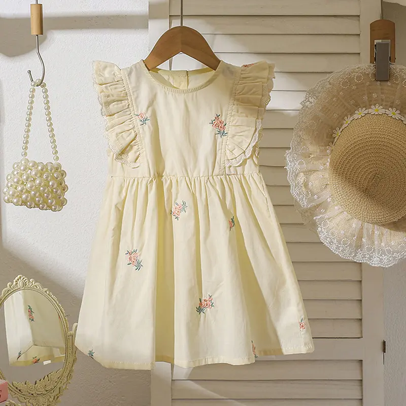 Summer Cartoon Printed Princess Dress Flying Sleeves Girls Dress Children's Clothing Bow Embroidered Flower Collar Girl's Dress
