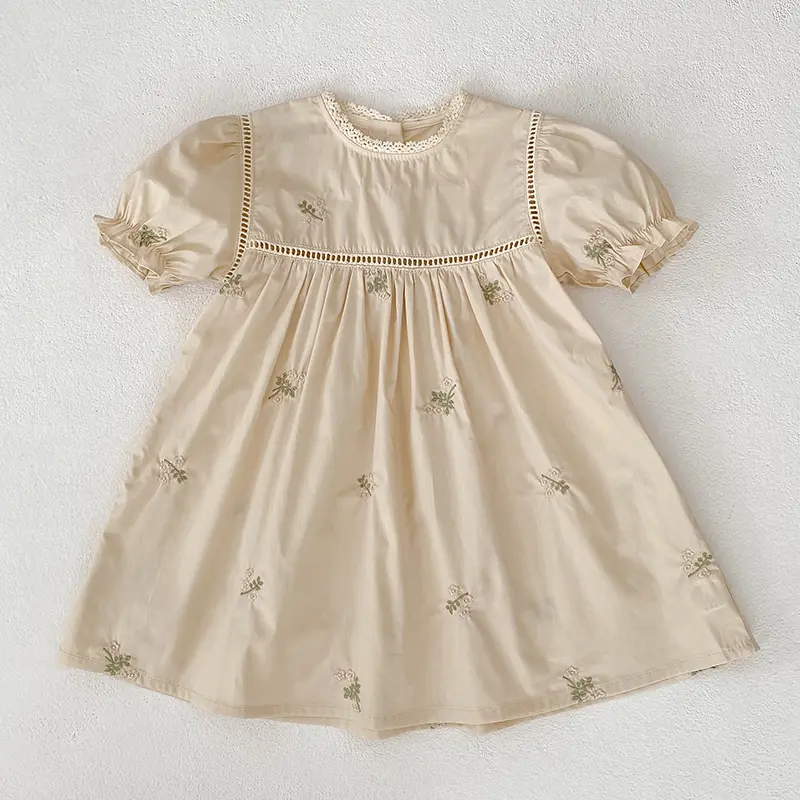 1-6Yrs Summer Girls Dress Embroider Lace Collar Kids Girls Dress Pure Cotton Thin Short Sleeved Children Girls Princess Dress ﻿