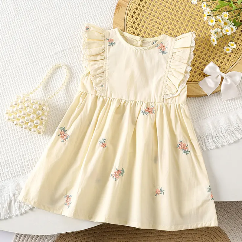 Summer Cartoon Printed Princess Dress Flying Sleeves Girls Dress Children's Clothing Bow Embroidered Flower Collar Girl's Dress