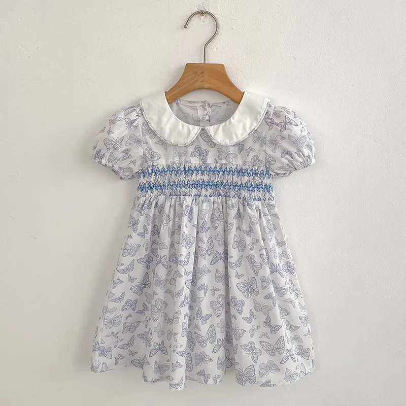 Summer Blue Cute Elegant Princess Dress Baby Girls Dress Floral Prints Pattern 1-6 Yrs Butterfly Dresses Birthday Party Clothes