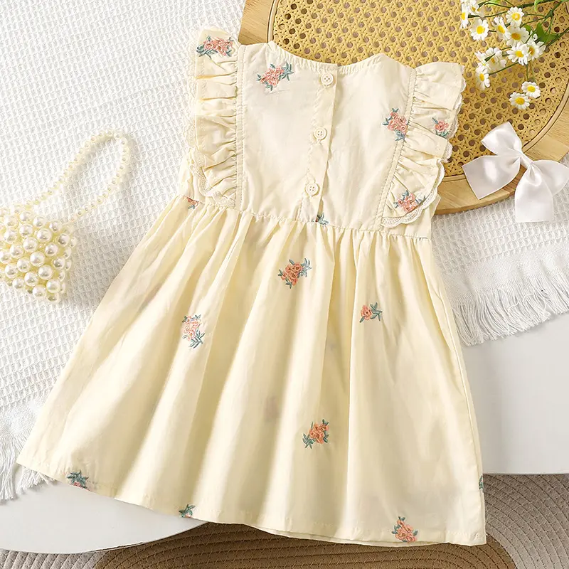 Summer Cartoon Printed Princess Dress Flying Sleeves Girls Dress Children's Clothing Bow Embroidered Flower Collar Girl's Dress