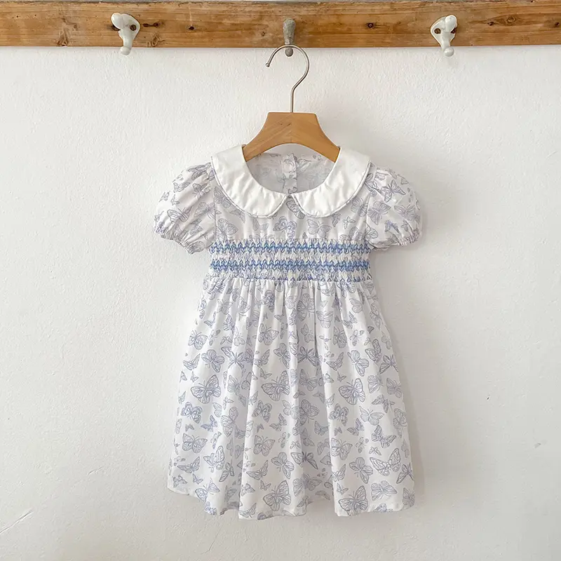 Summer Blue Cute Elegant Princess Dress Baby Girls Dress Floral Prints Pattern 1-6 Yrs Butterfly Dresses Birthday Party Clothes