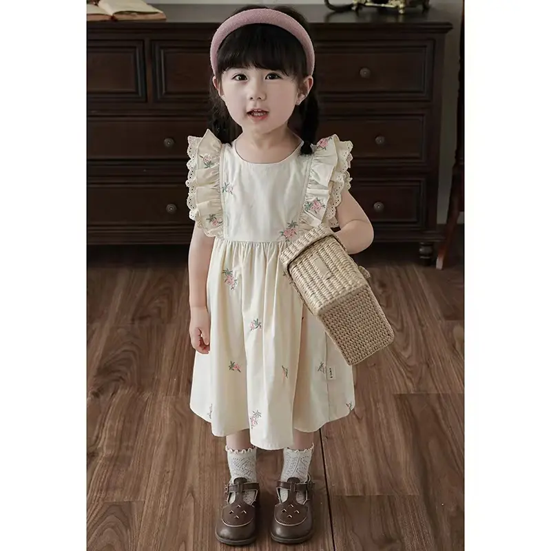 Summer Cartoon Printed Princess Dress Flying Sleeves Girls Dress Children's Clothing Bow Embroidered Flower Collar Girl's Dress