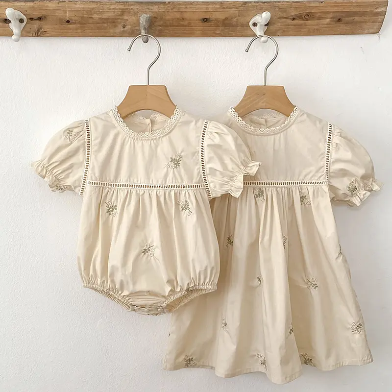 1-6Yrs Summer Girls Dress Embroider Lace Collar Kids Girls Dress Pure Cotton Thin Short Sleeved Children Girls Princess Dress ﻿