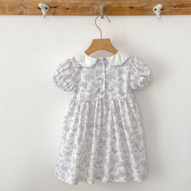 Summer Blue Cute Elegant Princess Dress Baby Girls Dress Floral Prints Pattern 1-6 Yrs Butterfly Dresses Birthday Party Clothes