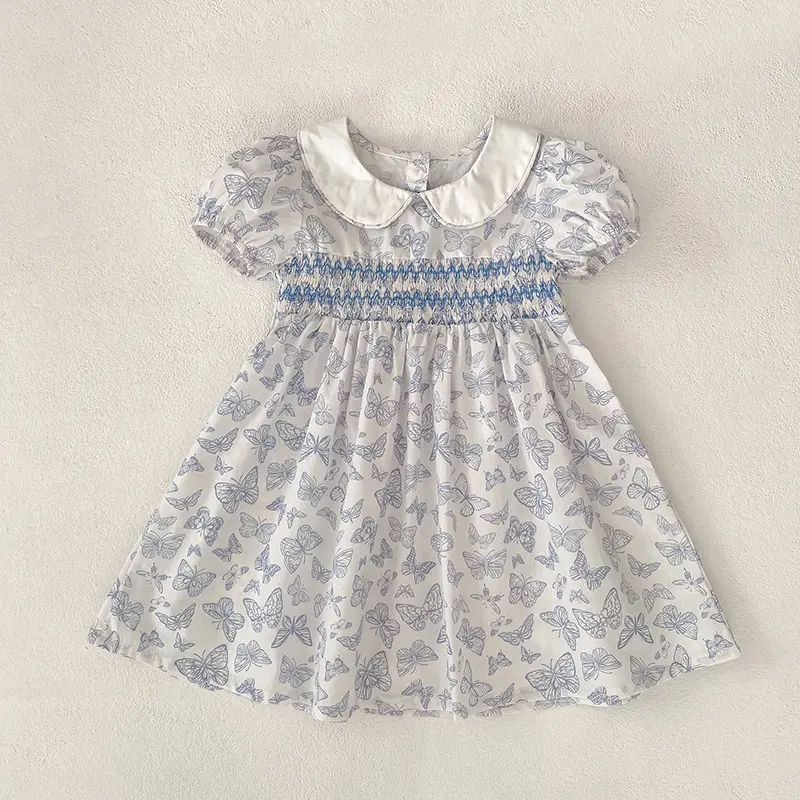 Summer Blue Cute Elegant Princess Dress Baby Girls Dress Floral Prints Pattern 1-6 Yrs Butterfly Dresses Birthday Party Clothes
