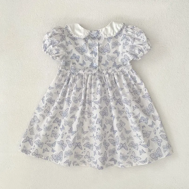 Summer Blue Cute Elegant Princess Dress Baby Girls Dress Floral Prints Pattern 1-6 Yrs Butterfly Dresses Birthday Party Clothes