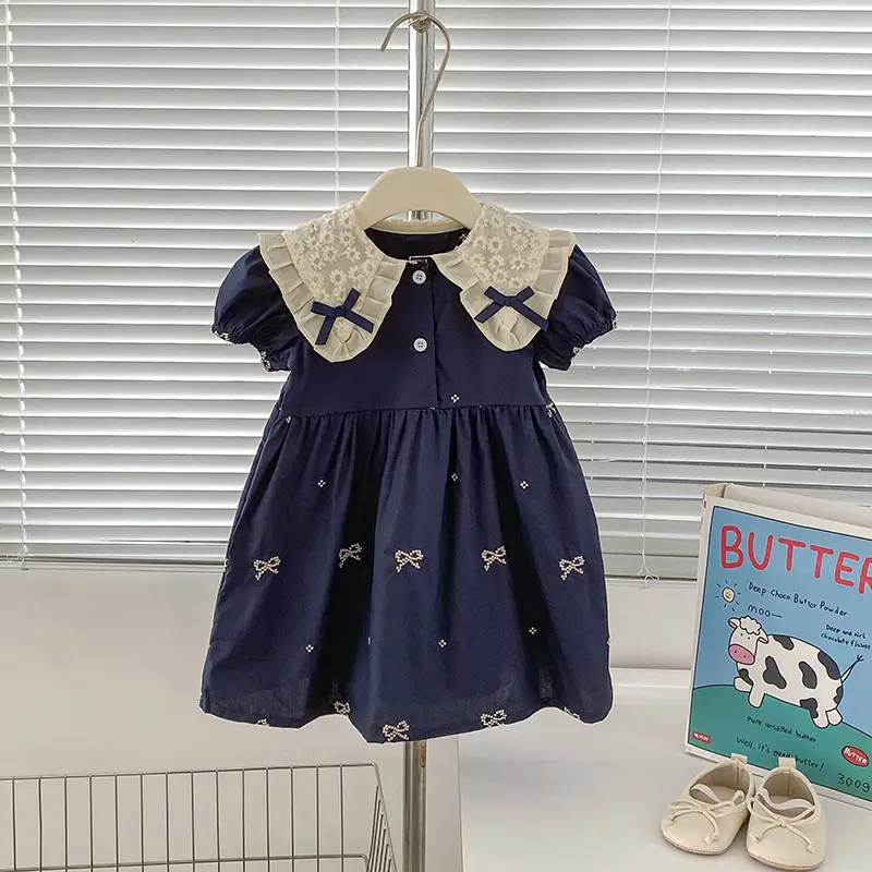 2025 Summer Kids Girls Dresses Embroidery A Line Girls Dresses Lace Collar Floral Print Pleated Dress Bow Girl Party Dresses