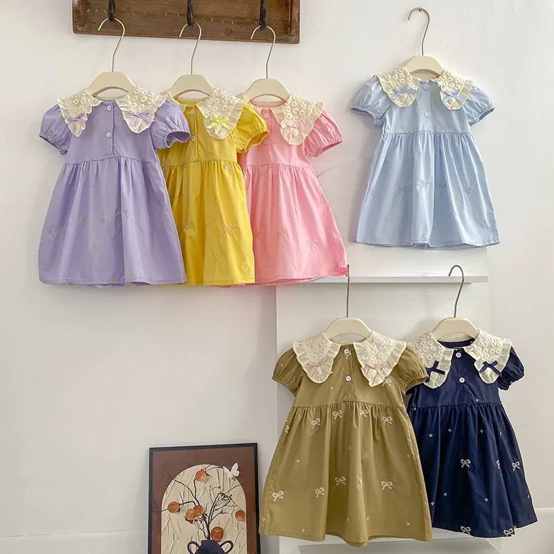 2025 Summer Kids Girls Dresses Embroidery A Line Girls Dresses Lace Collar Floral Print Pleated Dress Bow Girl Party Dresses