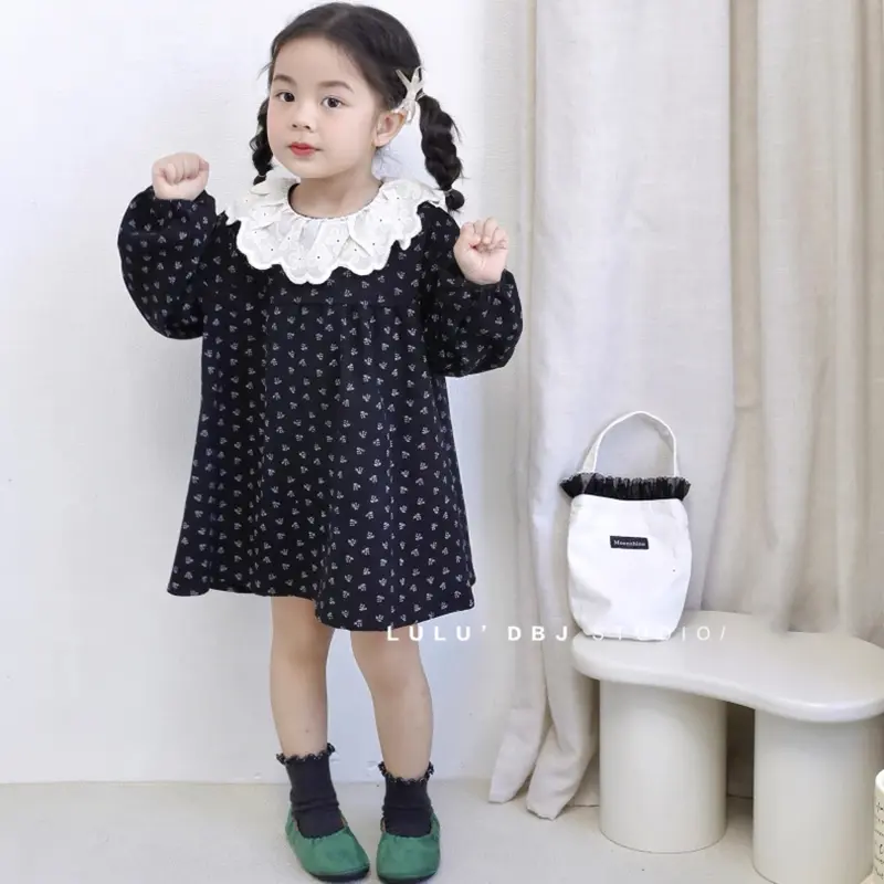 Children Dress Autumn New Girl Floral Embroidery Lace Collar Dress Cotton Casual Girl's Dress Black kids Clothes Princess Dress