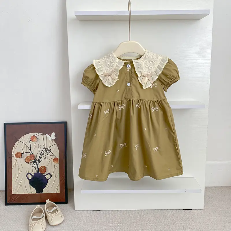 2025 Summer Kids Girls Dresses Embroidery A Line Girls Dresses Lace Collar Floral Print Pleated Dress Bow Girl Party Dresses