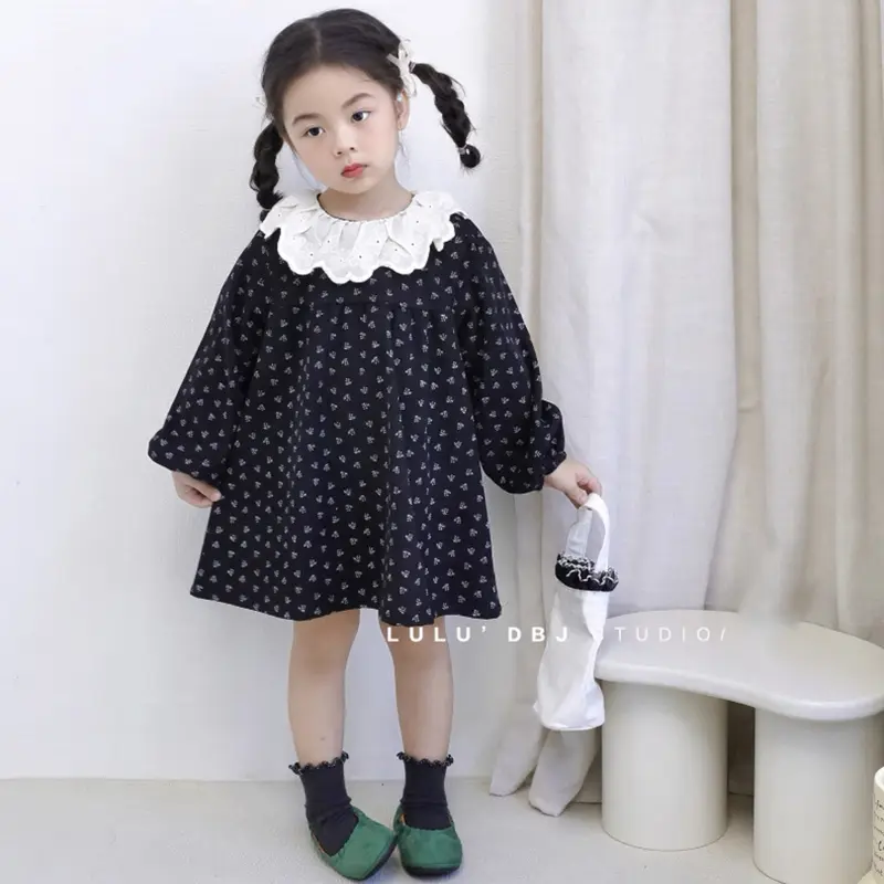 Children Dress Autumn New Girl Floral Embroidery Lace Collar Dress Cotton Casual Girl's Dress Black kids Clothes Princess Dress