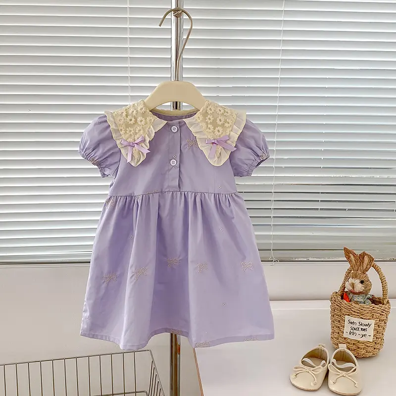 2025 Summer Kids Girls Dresses Embroidery A Line Girls Dresses Lace Collar Floral Print Pleated Dress Bow Girl Party Dresses