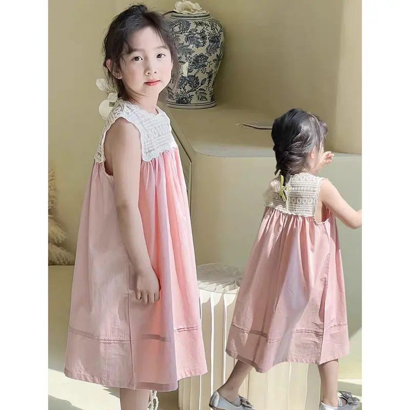 Summer 2-7Yrs Girl's Princess Dress New Fashion Kids Lace Clothes Embroidered Sleeveless Dress Pink Children's Sweet Vest Dress