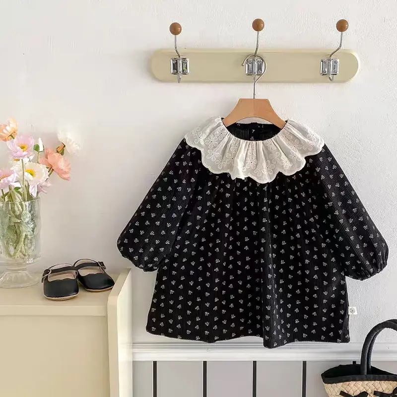 Children Dress Autumn New Girl Floral Embroidery Lace Collar Dress Cotton Casual Girl's Dress Black kids Clothes Princess Dress