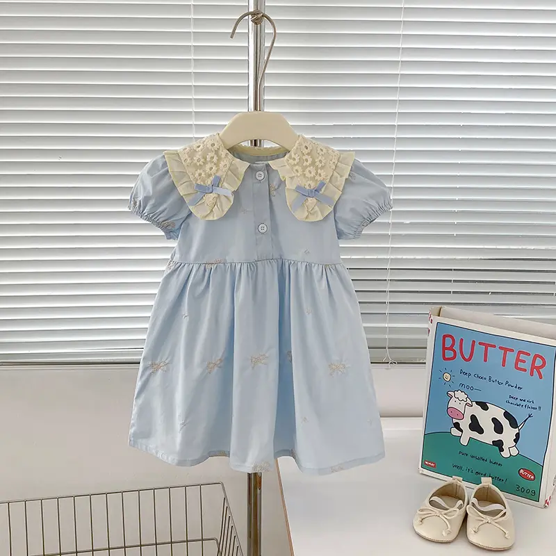 2025 Summer Kids Girls Dresses Embroidery A Line Girls Dresses Lace Collar Floral Print Pleated Dress Bow Girl Party Dresses
