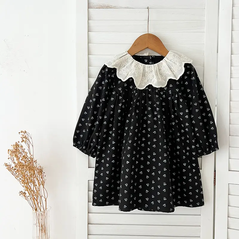 Children Dress Autumn New Girl Floral Embroidery Lace Collar Dress Cotton Casual Girl's Dress Black kids Clothes Princess Dress