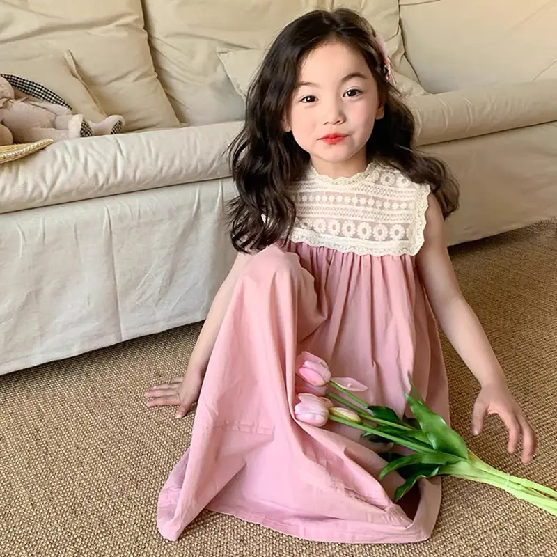 Summer 2-7Yrs Girl's Princess Dress New Fashion Kids Lace Clothes Embroidered Sleeveless Dress Pink Children's Sweet Vest Dress