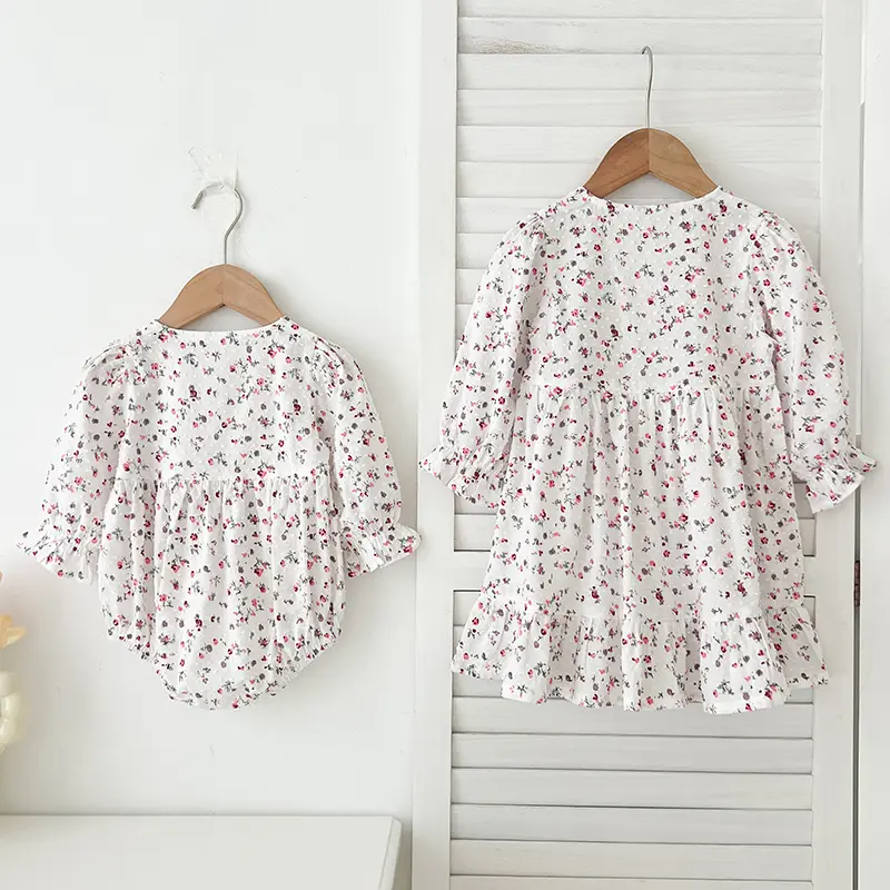 Spring New Baby Girl Party Flower Dress Rural Style Flowers Cotton Stitching Sister Dress Baby Girl Romper Kids Princess Dresses