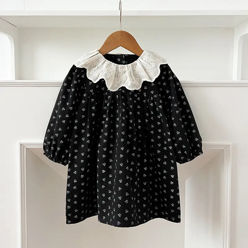 Children Dress Autumn New Girl Floral Embroidery Lace Collar Dress Cotton Casual Girl's Dress Black kids Clothes Princess Dress