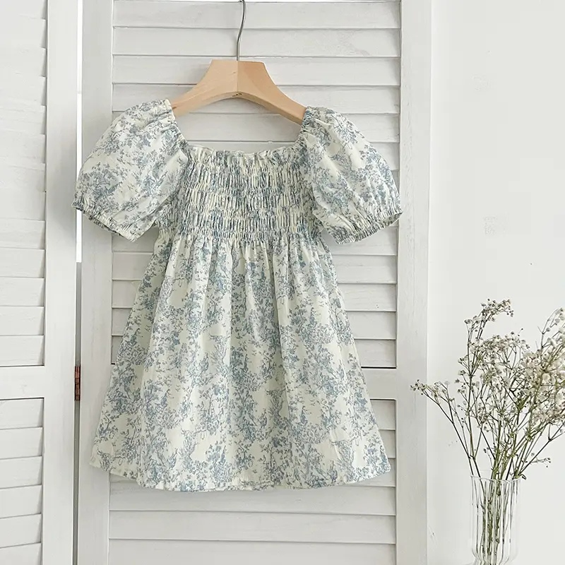 New Summer Clothes Baby Girls Princess Dresses Puff Sleeve Blue Flower Toddlers Vacation Kids Cotton Cute Dress Korean Style