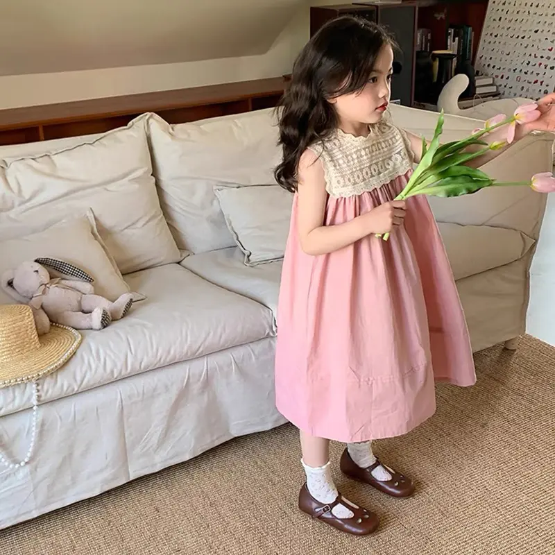 Summer 2-7Yrs Girl's Princess Dress New Fashion Kids Lace Clothes Embroidered Sleeveless Dress Pink Children's Sweet Vest Dress