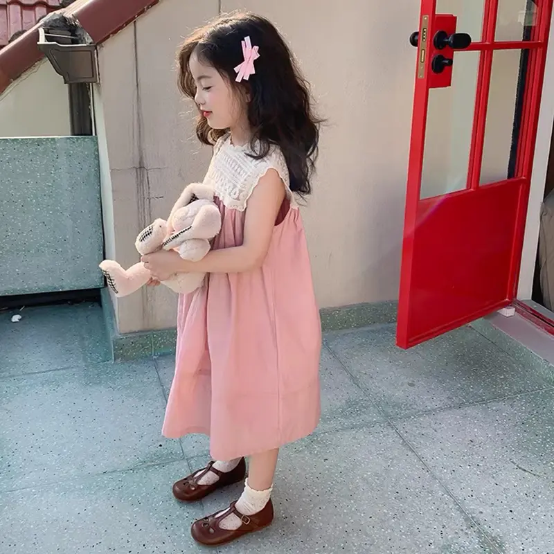 Summer 2-7Yrs Girl's Princess Dress New Fashion Kids Lace Clothes Embroidered Sleeveless Dress Pink Children's Sweet Vest Dress