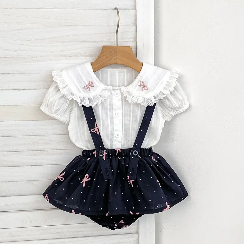 Infant Set Summer Baby Girls Suit Solid Cotton Fashion Square Neck Embroidered Bow White Shirt+Ruffle Romper Set Toddler Clothes
