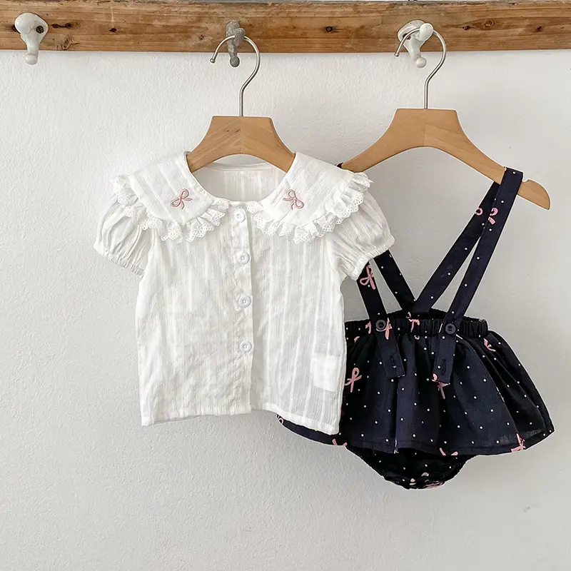 Infant Set Summer Baby Girls Suit Solid Cotton Fashion Square Neck Embroidered Bow White Shirt+Ruffle Romper Set Toddler Clothes