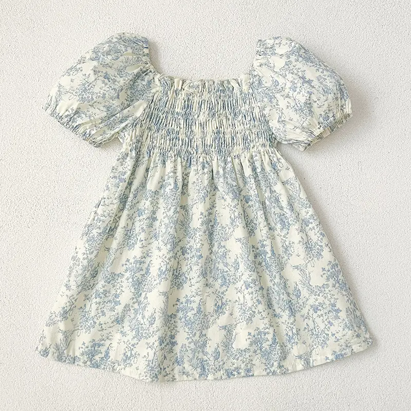 New Summer Clothes Baby Girls Princess Dresses Puff Sleeve Blue Flower Toddlers Vacation Kids Cotton Cute Dress Korean Style